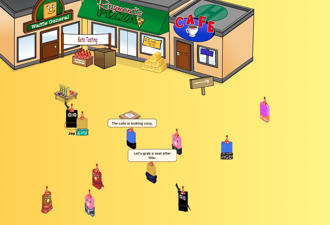 Actual Waffle Island dev gameplay with test players wearing red Beta Hats and chatting in Town